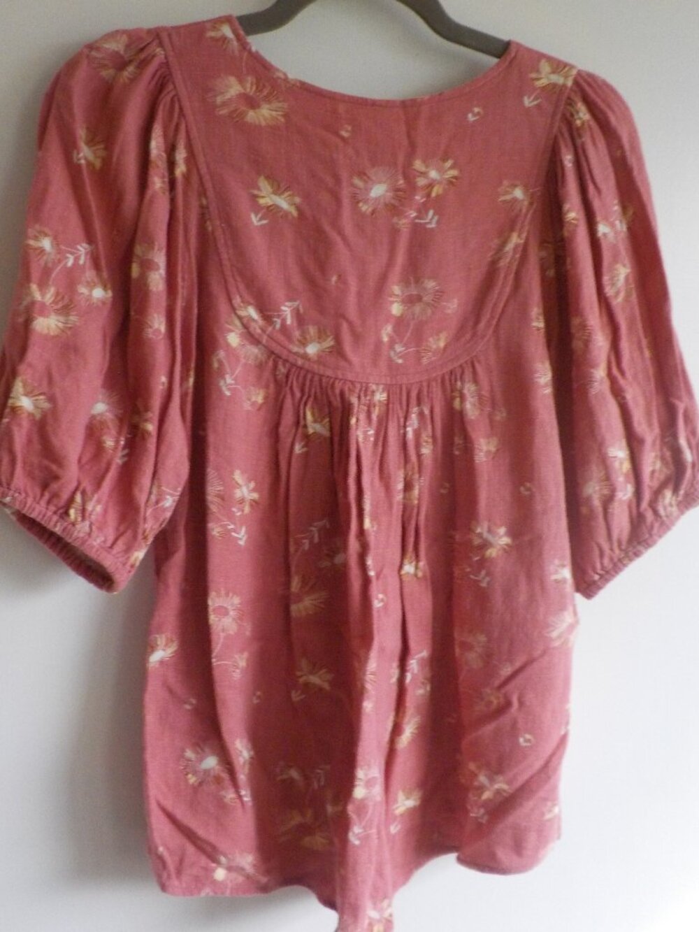 Wonderly Blouse - Small - Pink Floral Boho LINEN COTTON Puff Sleeves (2454) - Picture 5 of 7
